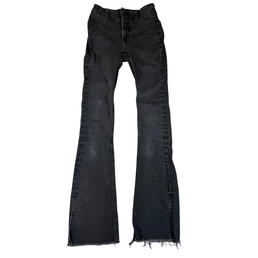 We The Free Free People High Rise Flare Jeans Washed Black Raw Hem Slit Size 25